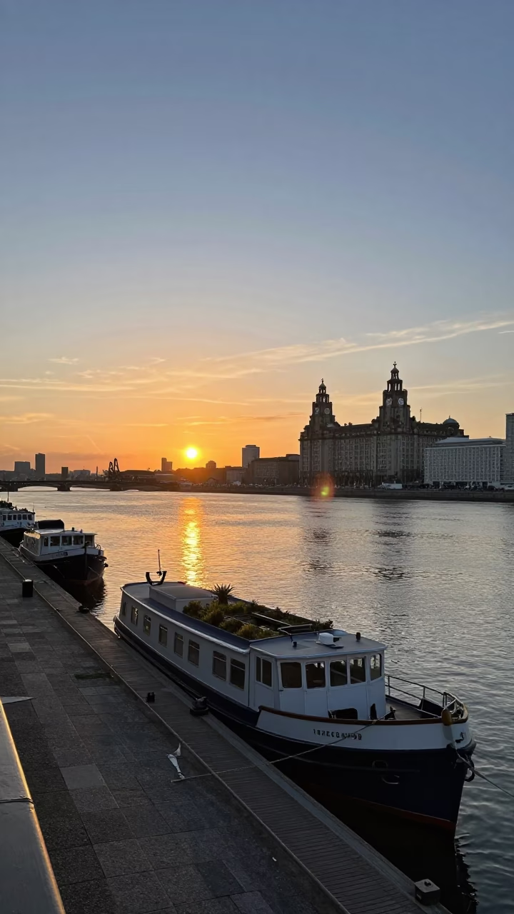 Liverpool Docks at Sunset Houseboat Roof Garden and Waterfront Life in in Liverpool, United Kingdom