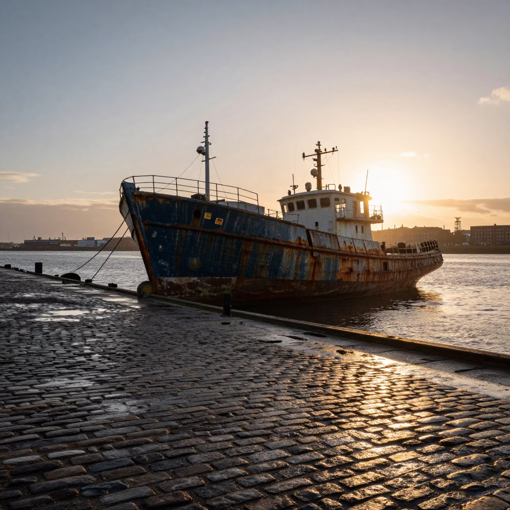 Liverpool Docks at Sunset with Grease Sheen on Metal in in Liverpool, United Kingdom