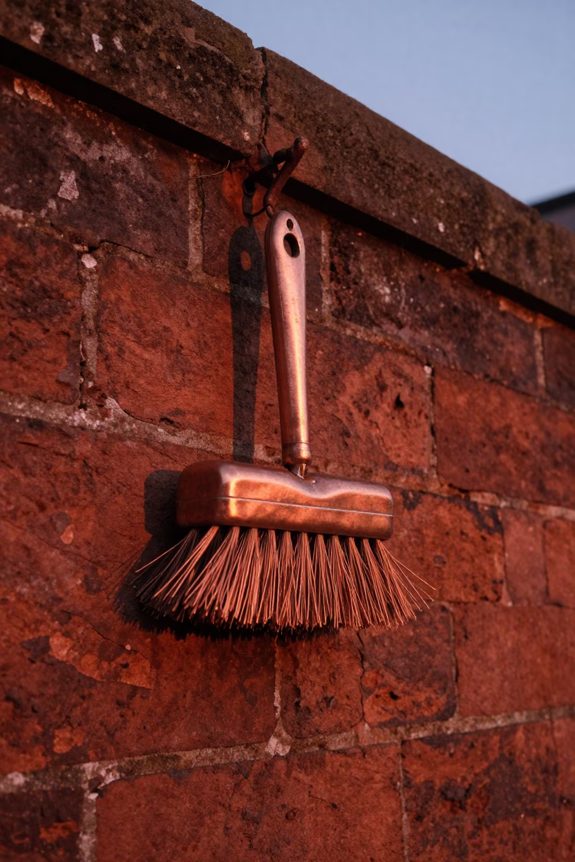 Liverpool Docks Copper Light Coat Brush Hanging Brick Wall Before Dusk in in Liverpool, United Kingdom