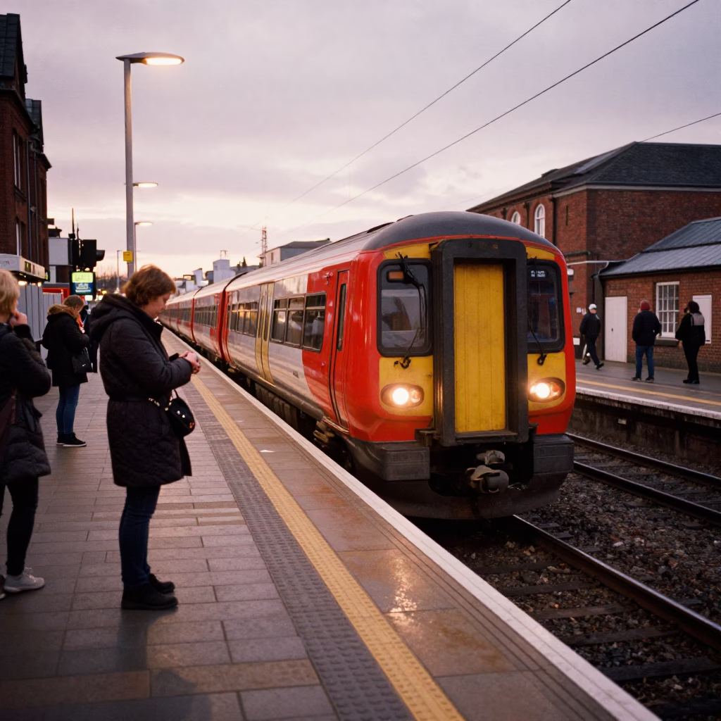Liverpool Docks Copper Light Commuter Train Platform Evening Scene in in Liverpool, United Kingdom