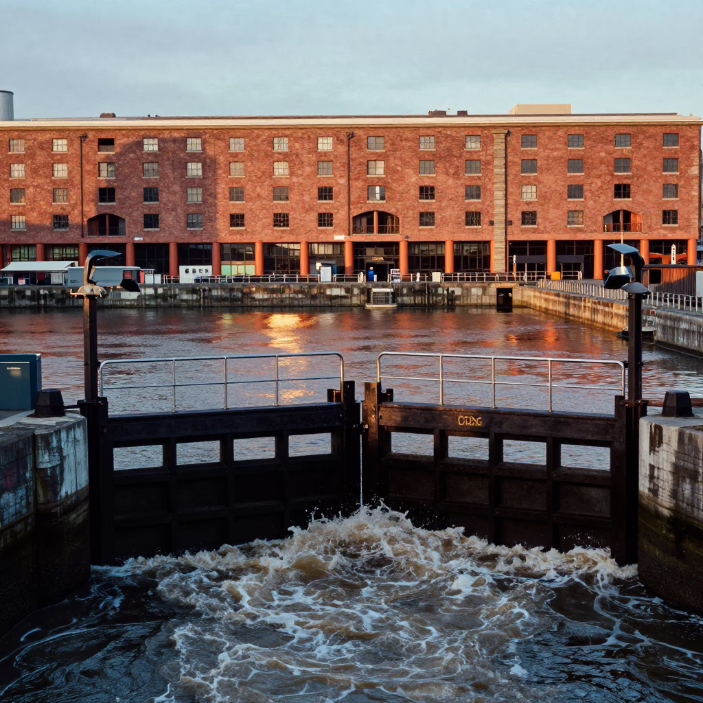 Liverpool Docks Copper Light Sluice Gate Walkway and River Foam in in Liverpool, United Kingdom