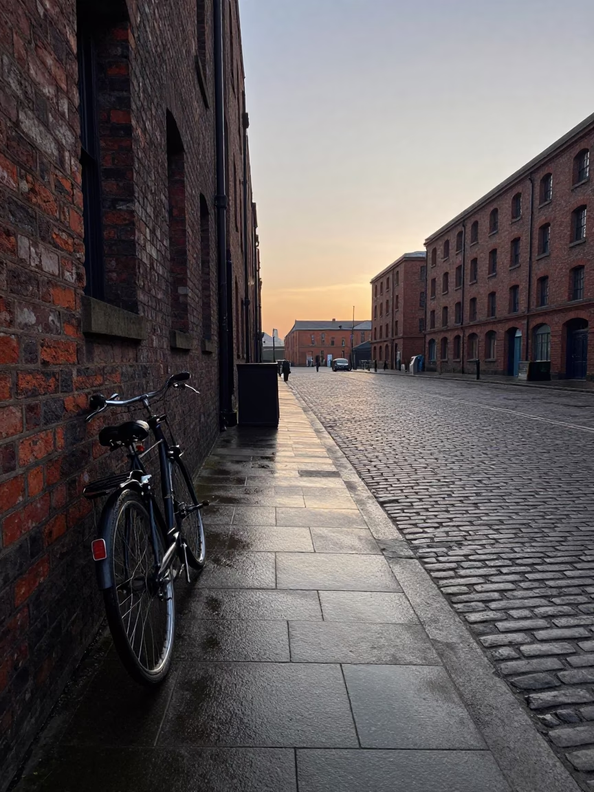 Liverpool Docks Dawn Street Scene With Vintage Bicycle And Brick Warehouses in in Liverpool, United Kingdom