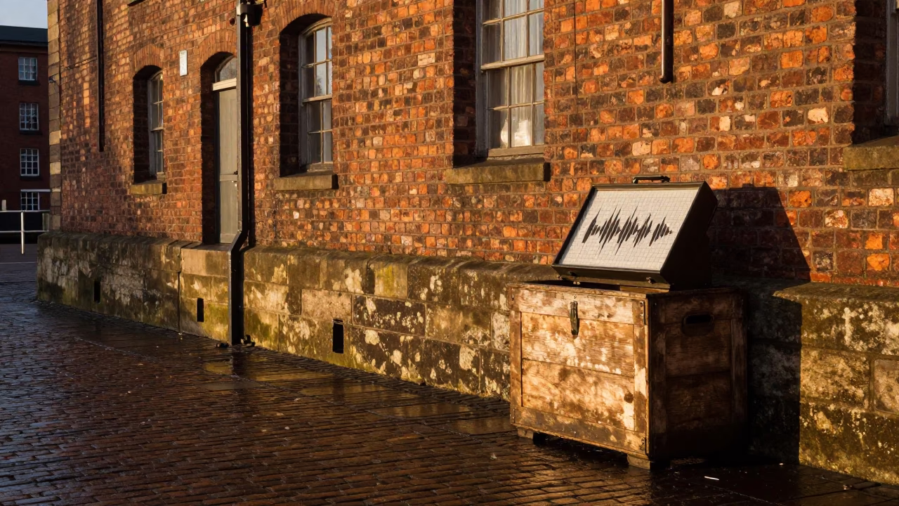 Liverpool Docks Evening Light with Vintage Seismograph Equipment and Urban Waterfront in in Liverpool, United Kingdom