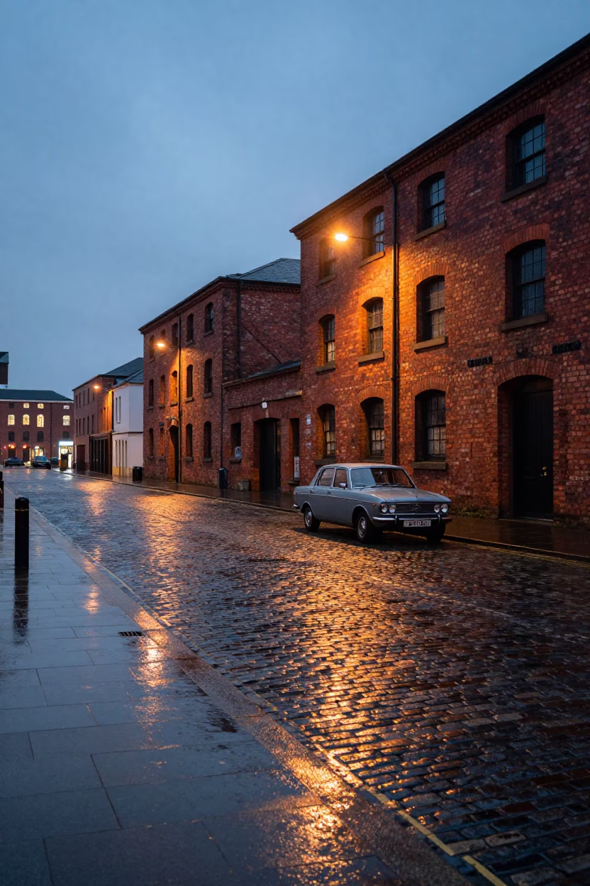 Liverpool Docks Evening Street Scene with Vintage Cars and Brick Architecture in in Liverpool, United Kingdom