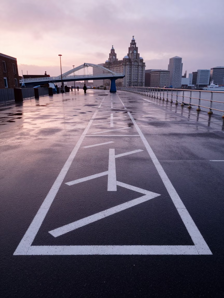 Liverpool Docks Harbor Drizzle and Drawbridge Deck Markings at Nautical Dawn in in Liverpool, United Kingdom
