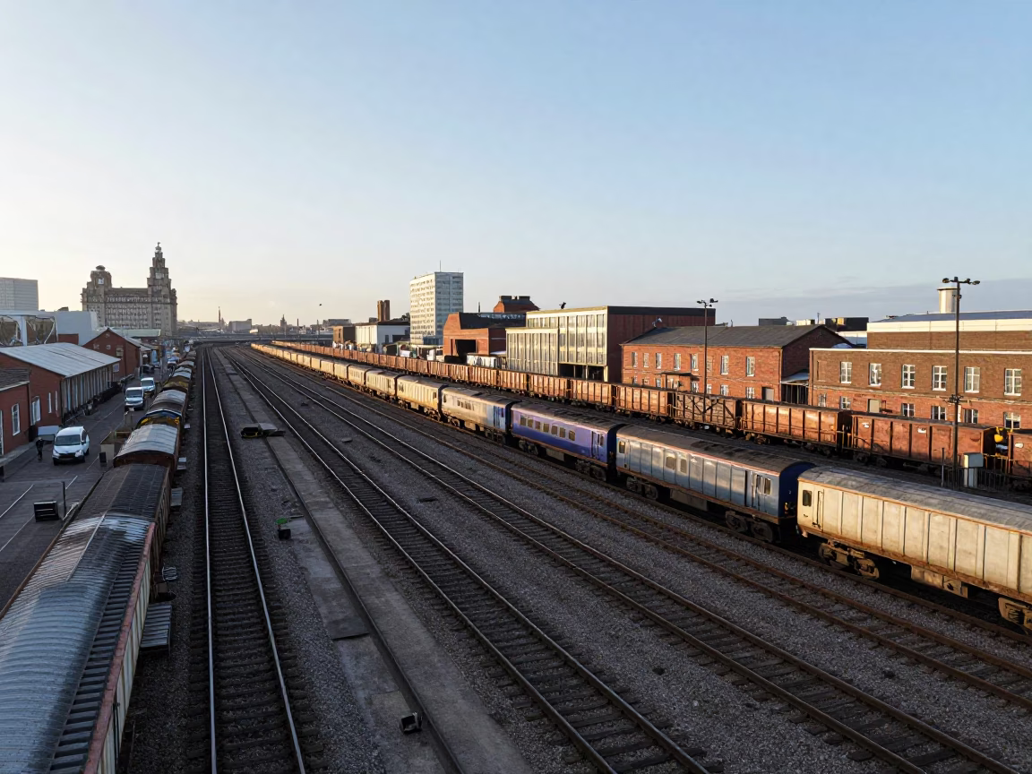 Liverpool Docks Late Afternoon Freight Train Rail Yard Historical Landscape in in Liverpool, United Kingdom