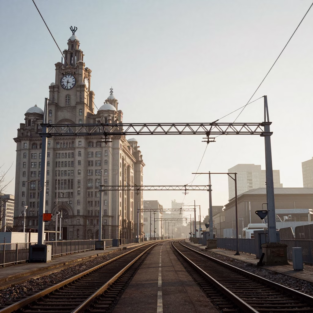 Liverpool Docks Late Afternoon Light Industrial Catenary System Receding Through Fog in in Liverpool, United Kingdom