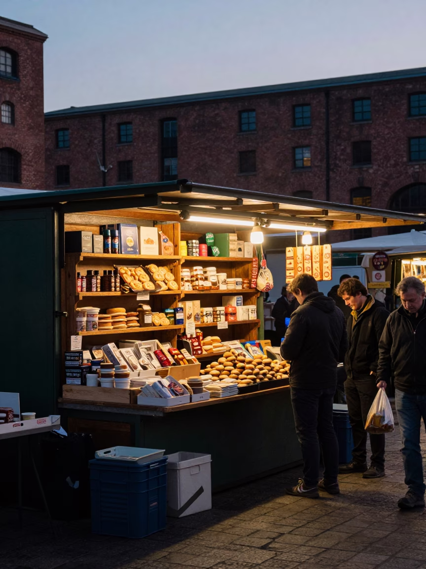 Liverpool Docks Market Stall Pre-Dawn Stock with Alfajores and Bluebells in in Liverpool, United Kingdom