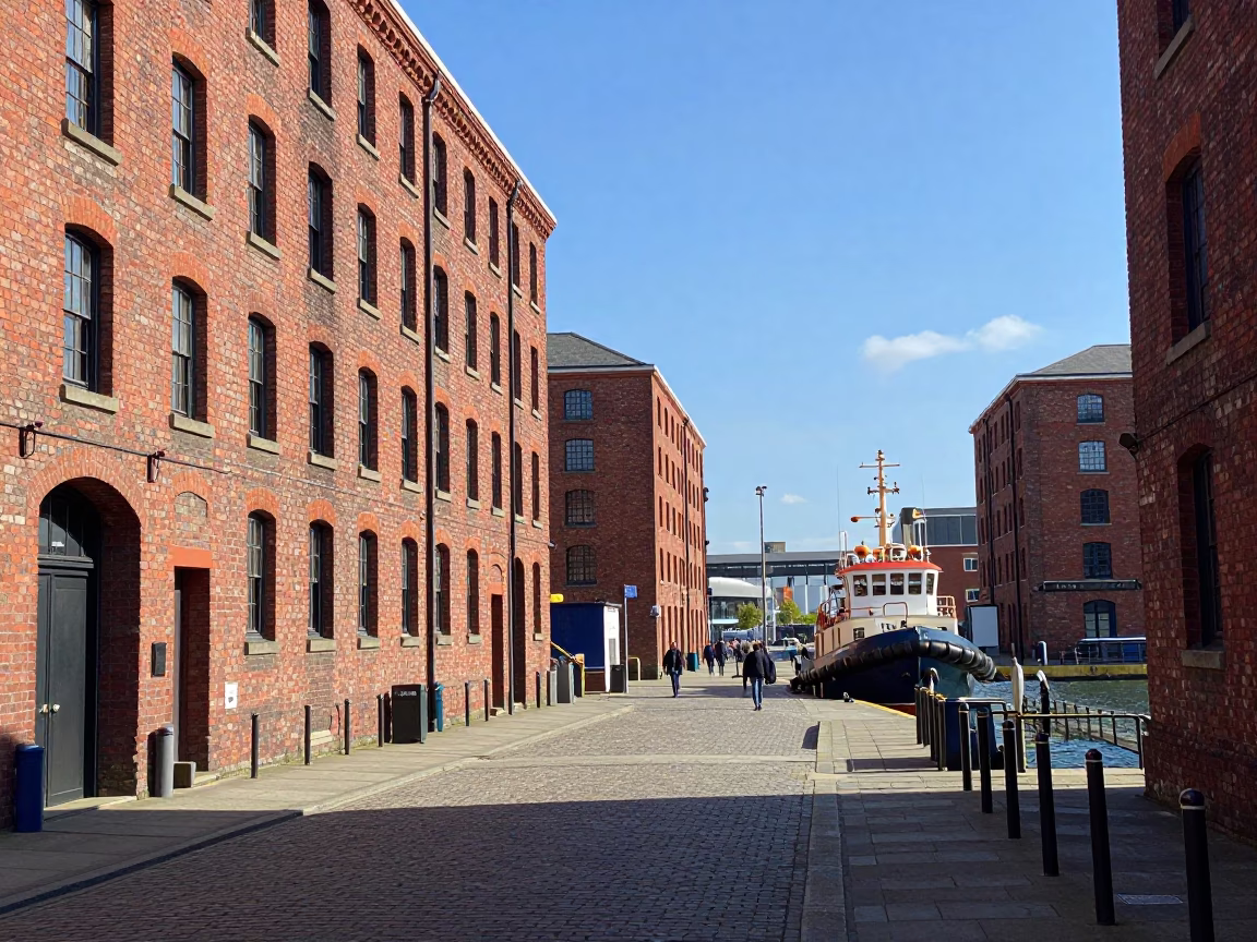 Liverpool Docks Midday Sunlight on Brick Warehouses and Busy Harbor Tugboats in in Liverpool, United Kingdom