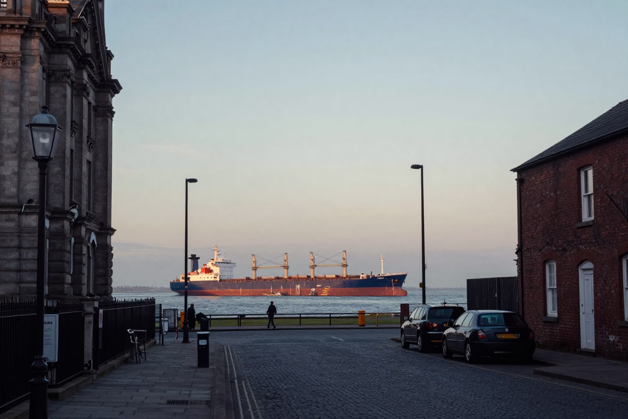 Liverpool Docks Pre-Dawn Cargo Ship Horizon and Vintage Street Scene in in Liverpool, United Kingdom