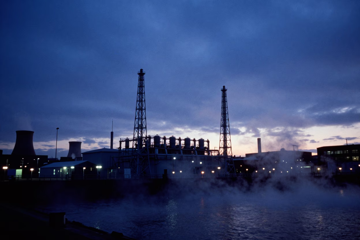 Liverpool Docks Pre-Dawn Steam Haze and Cobalt Sky Power Substation in in Liverpool, United Kingdom