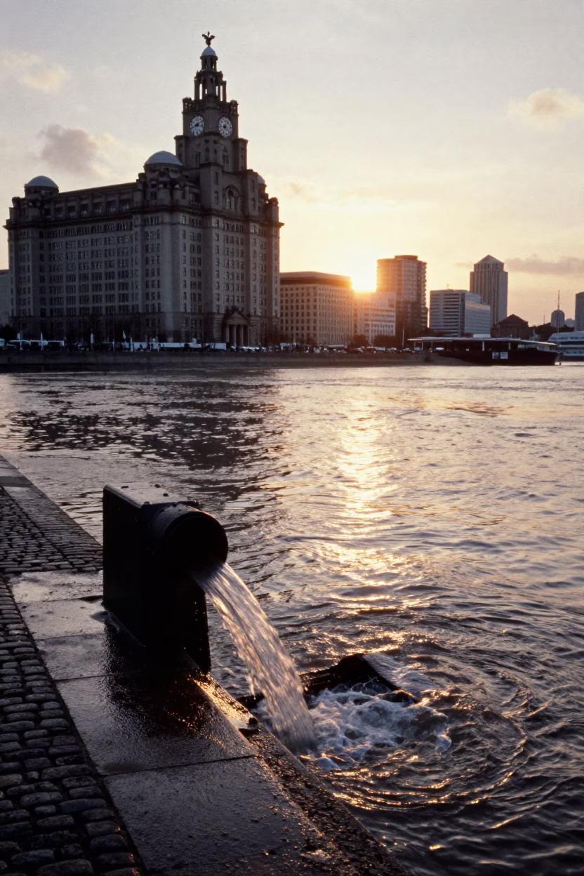 Liverpool Docks Sunset Storm Drain Outfall Pouring Into Swollen River in in Liverpool, United Kingdom