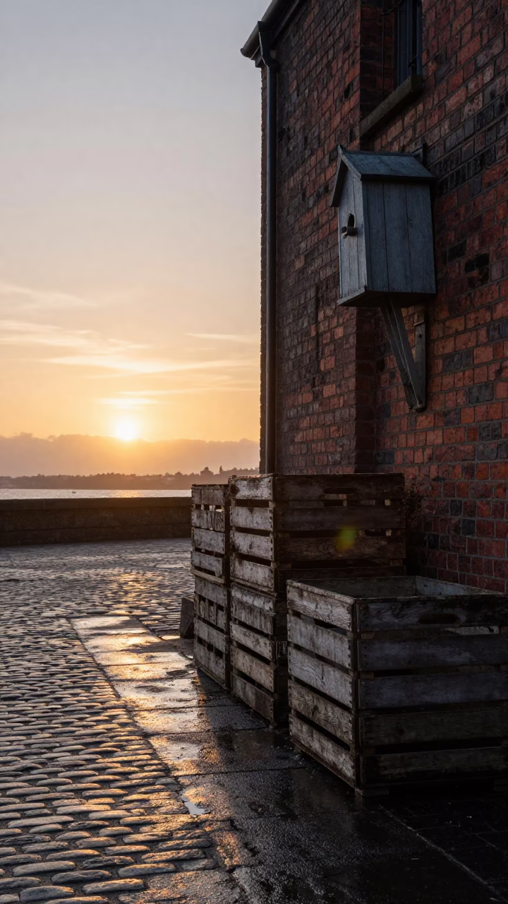 Liverpool Docks Sunset Vintage Scene with Crate and Birdhouse in in Liverpool, United Kingdom