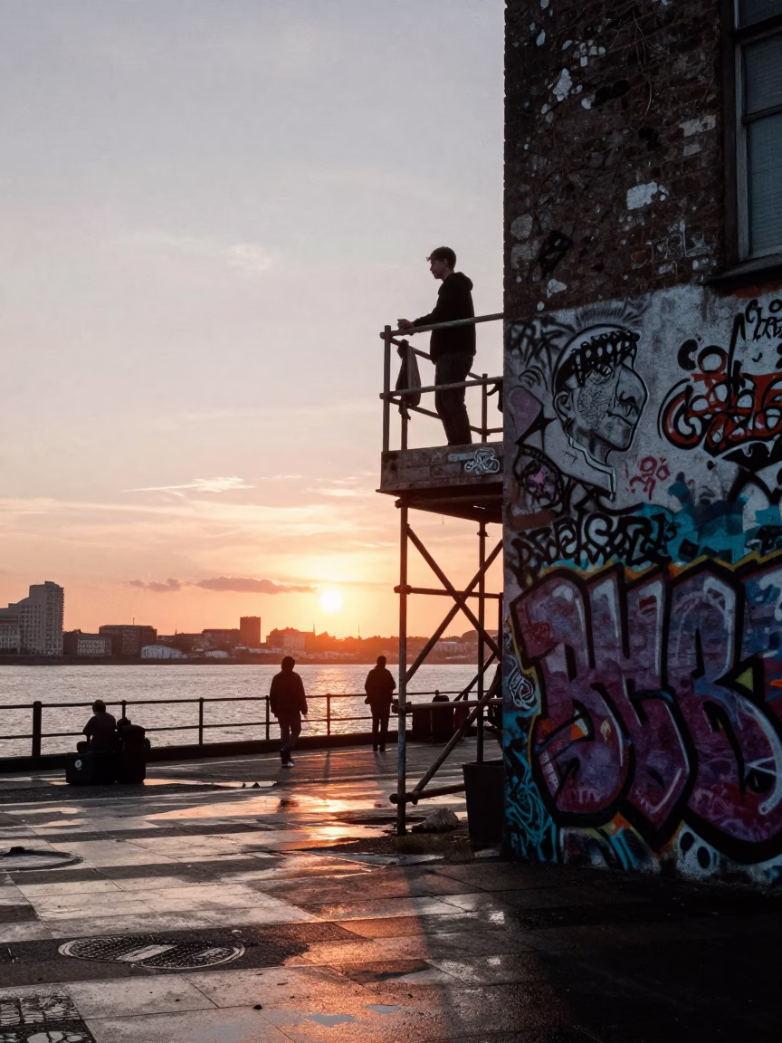 Liverpool Docks Sunset with Graffiti Art and Urban Decay in in Liverpool, United Kingdom