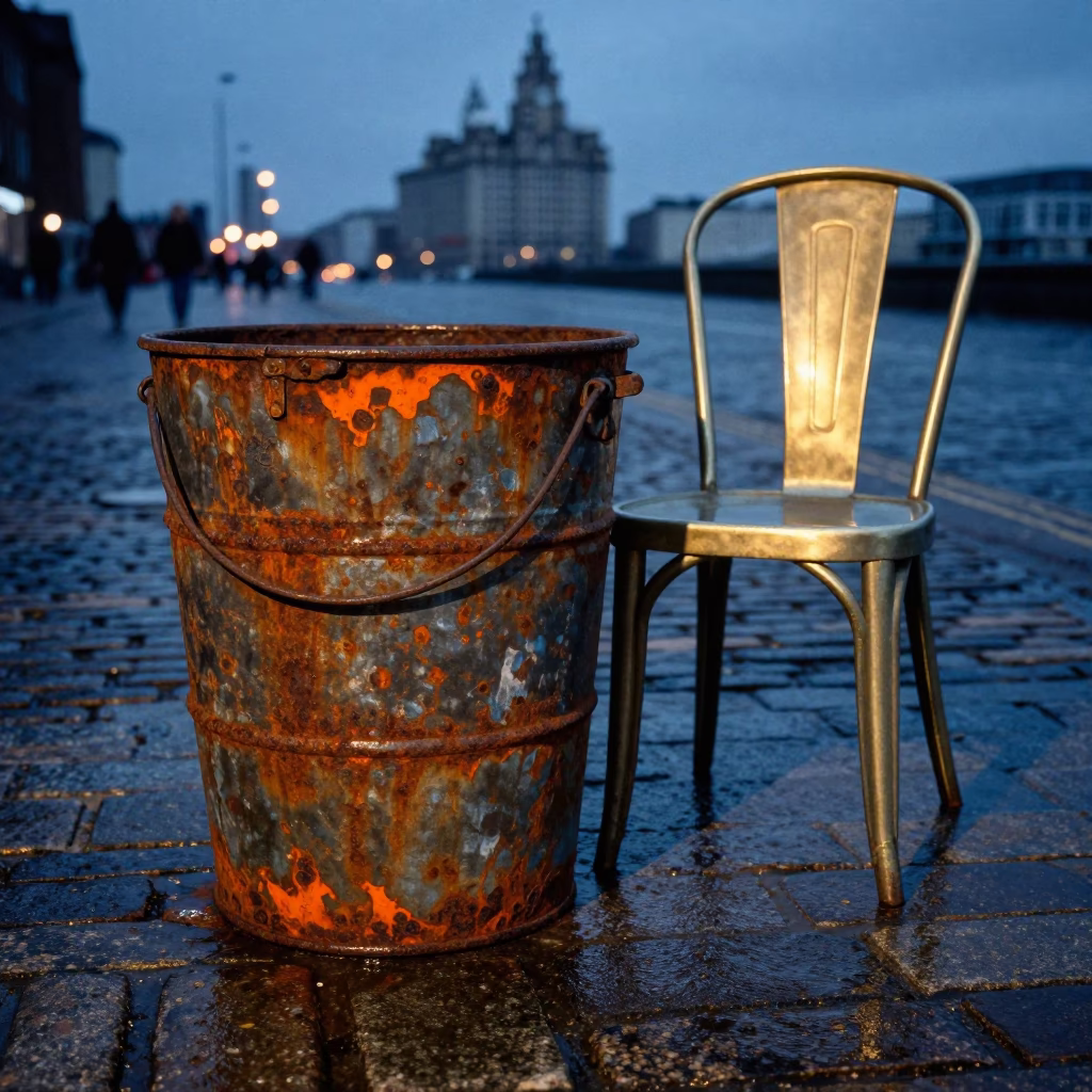 Liverpool Docks Twilight Rusty Bucket and Polished Brass Chair Near Waterfront in in Liverpool, United Kingdom