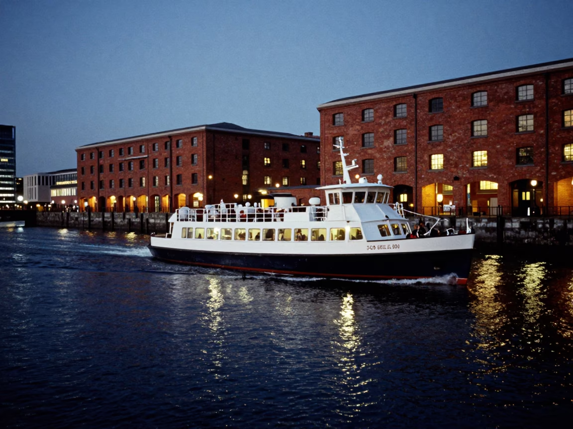 Liverpool Docks Twilight Water Taxi Passing Red Brick Warehouse District in in Liverpool, United Kingdom