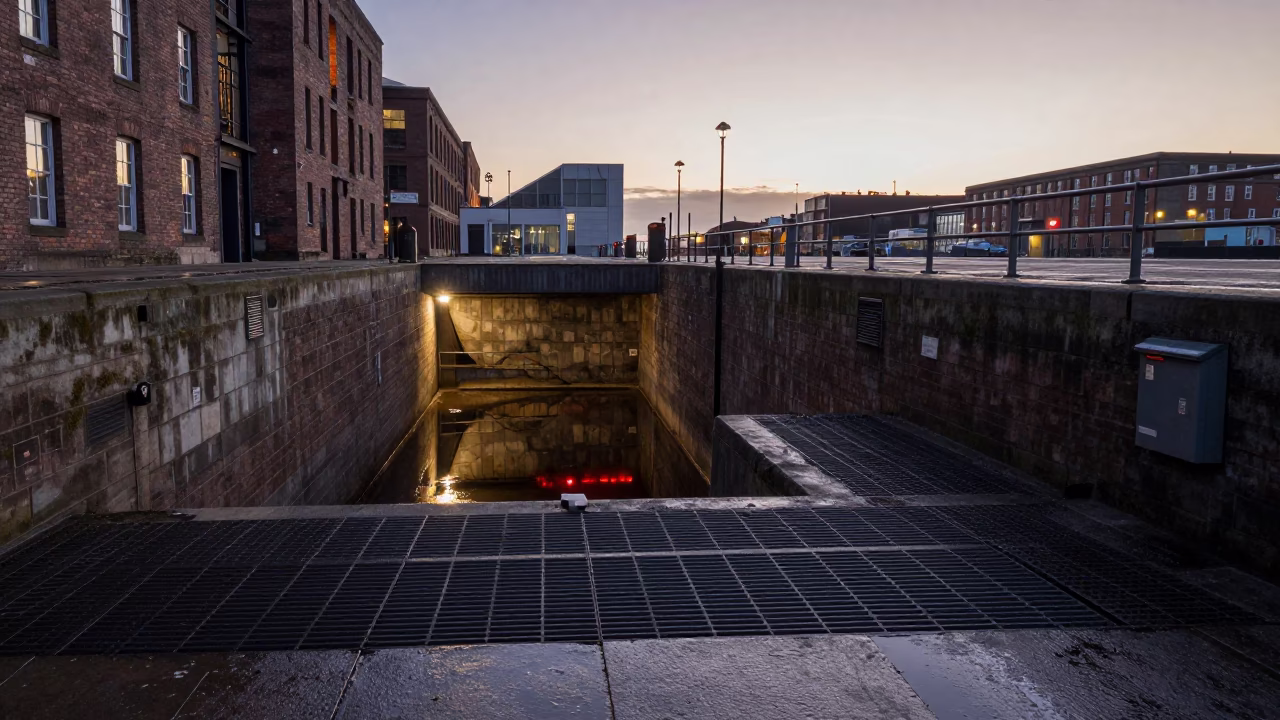 Liverpool Dockside Dawn Service Tunnel Sump Reflection and Urban Infrastructure in in Liverpool, United Kingdom