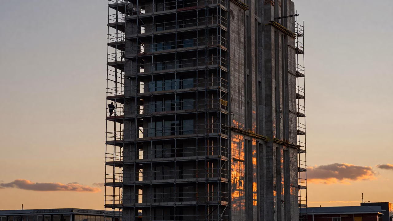 Liverpool Dusk Brutalist University Tower Construction Scaffold Wet Mortar in in Liverpool, United Kingdom