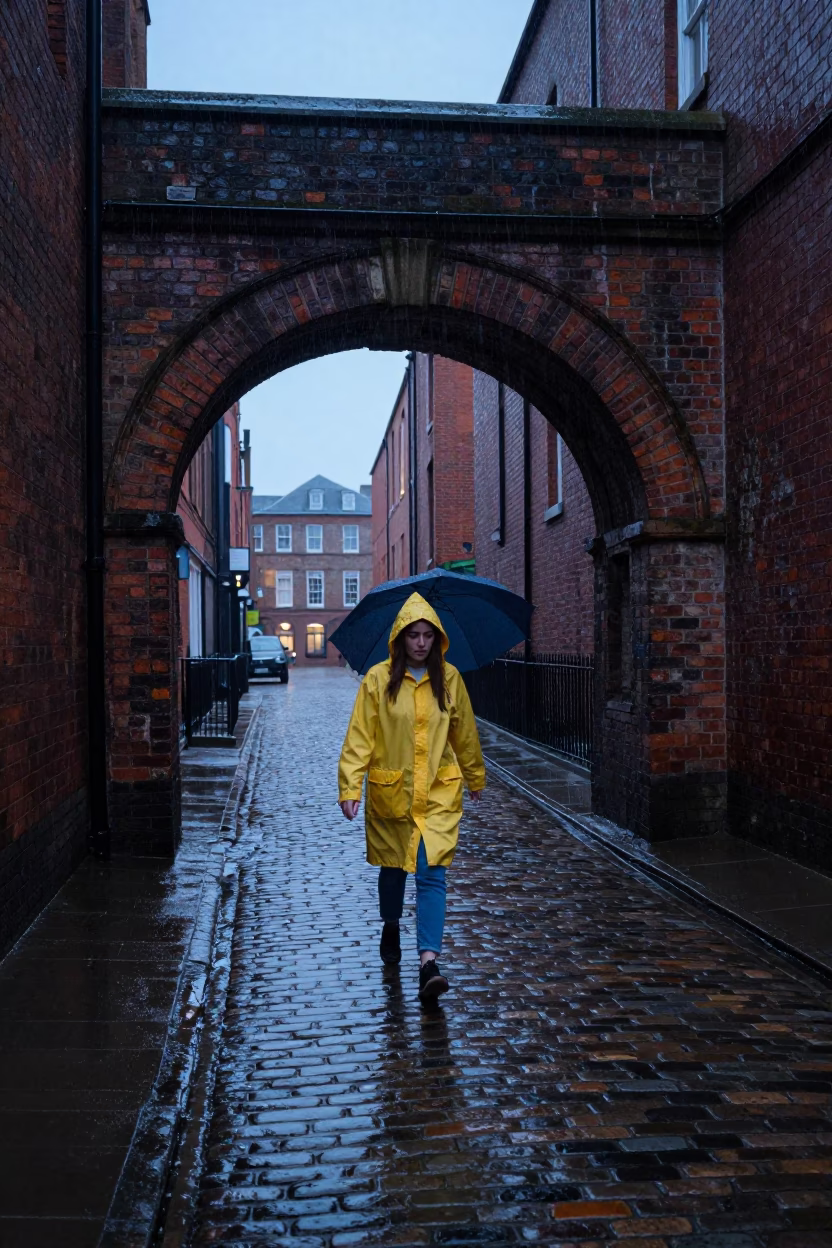 Liverpool Dusk Rain Slips Past Brick Archway with Water Stains in in Liverpool, United Kingdom