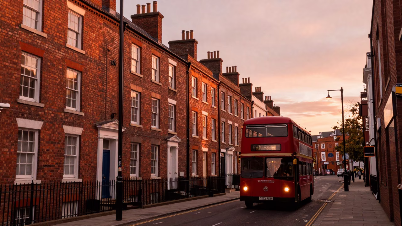 Liverpool Dusk Street Scene with Brick Architecture and Copper Light in in Liverpool, United Kingdom