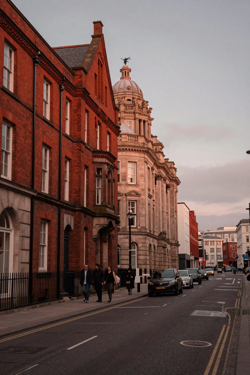 Liverpool Dusk Street Scene with Red Brick Architecture and Copper Light in in Liverpool, United Kingdom