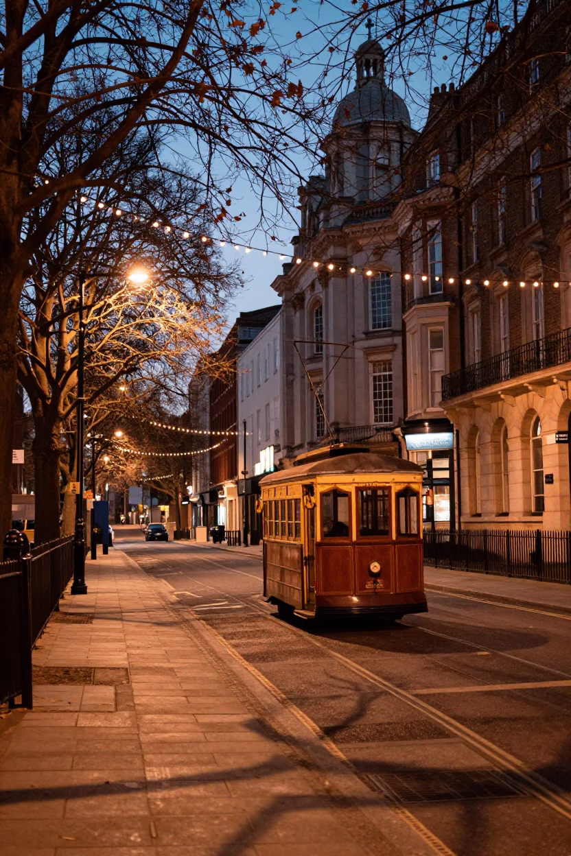 Liverpool Dusk Street Scene with String Lights and Old Trolley on Tree-Lined Avenue in in Liverpool, United Kingdom