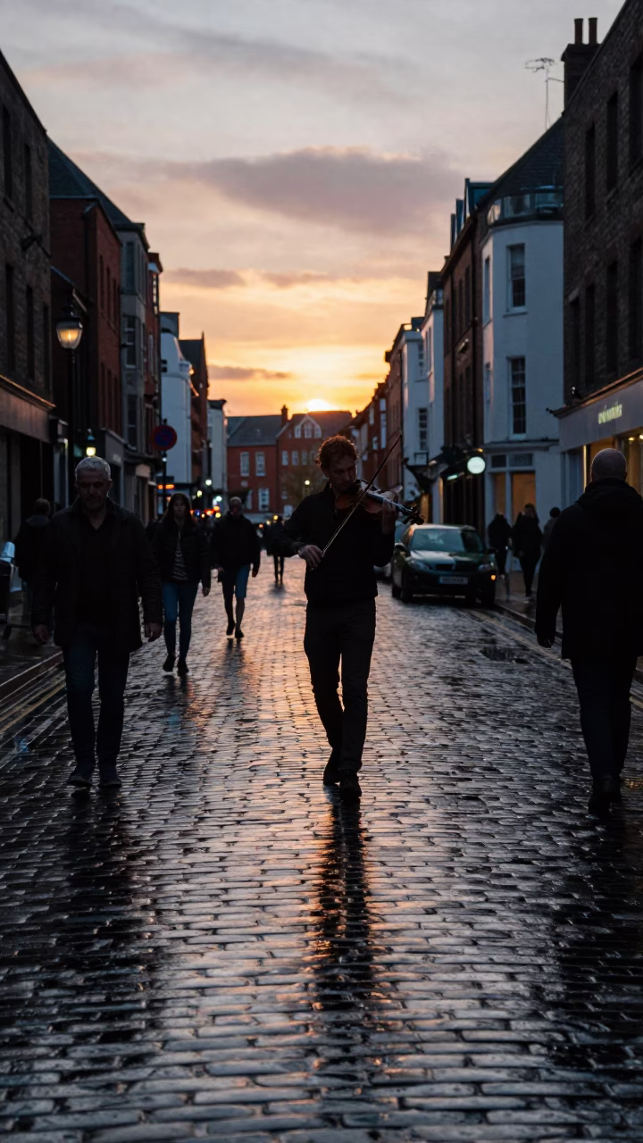Liverpool Dusk Street Scene with Violinist and Cobblestone Reflections in in Liverpool, United Kingdom