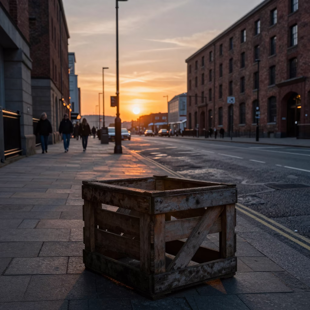 Liverpool Dusk Street Scene with Wooden Crate and Urban Activity in in Liverpool, United Kingdom