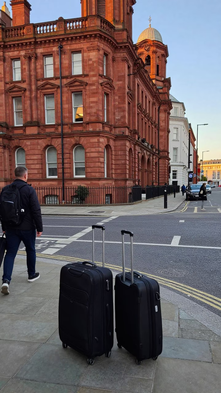 Liverpool Early Afternoon Street Scene with Suitcases and Urban Details in in Liverpool, United Kingdom