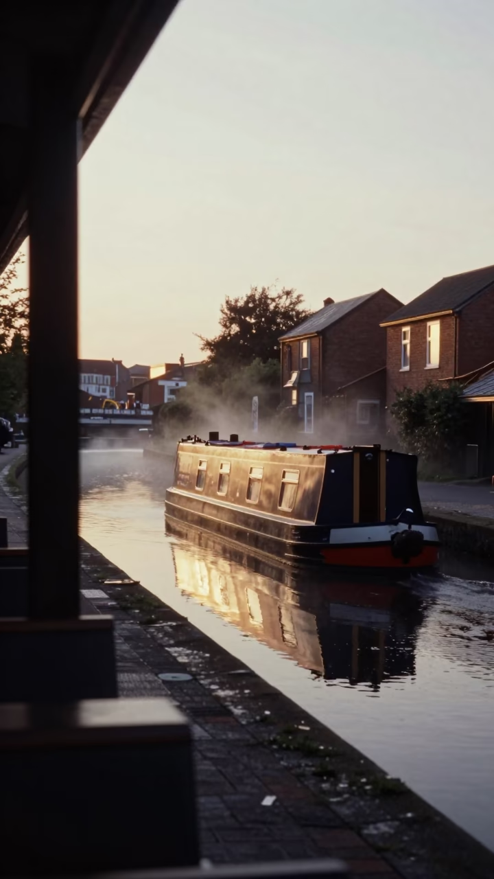 Liverpool Early Evening Canal Scene with Narrowboat and Condensation on Window Frame in in Liverpool, United Kingdom
