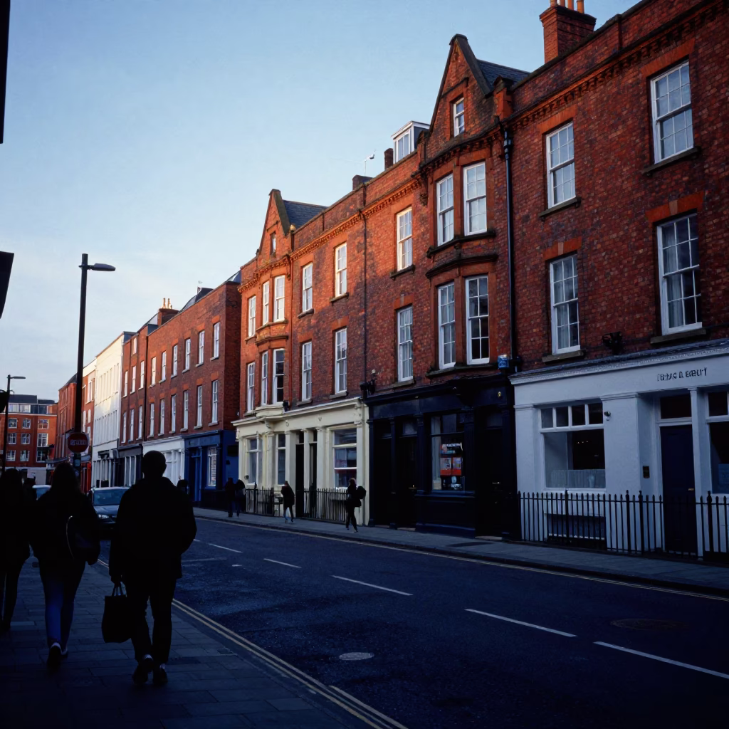 Liverpool Early Evening Street Scene with Brick Architecture and Urban Life in in Liverpool, United Kingdom