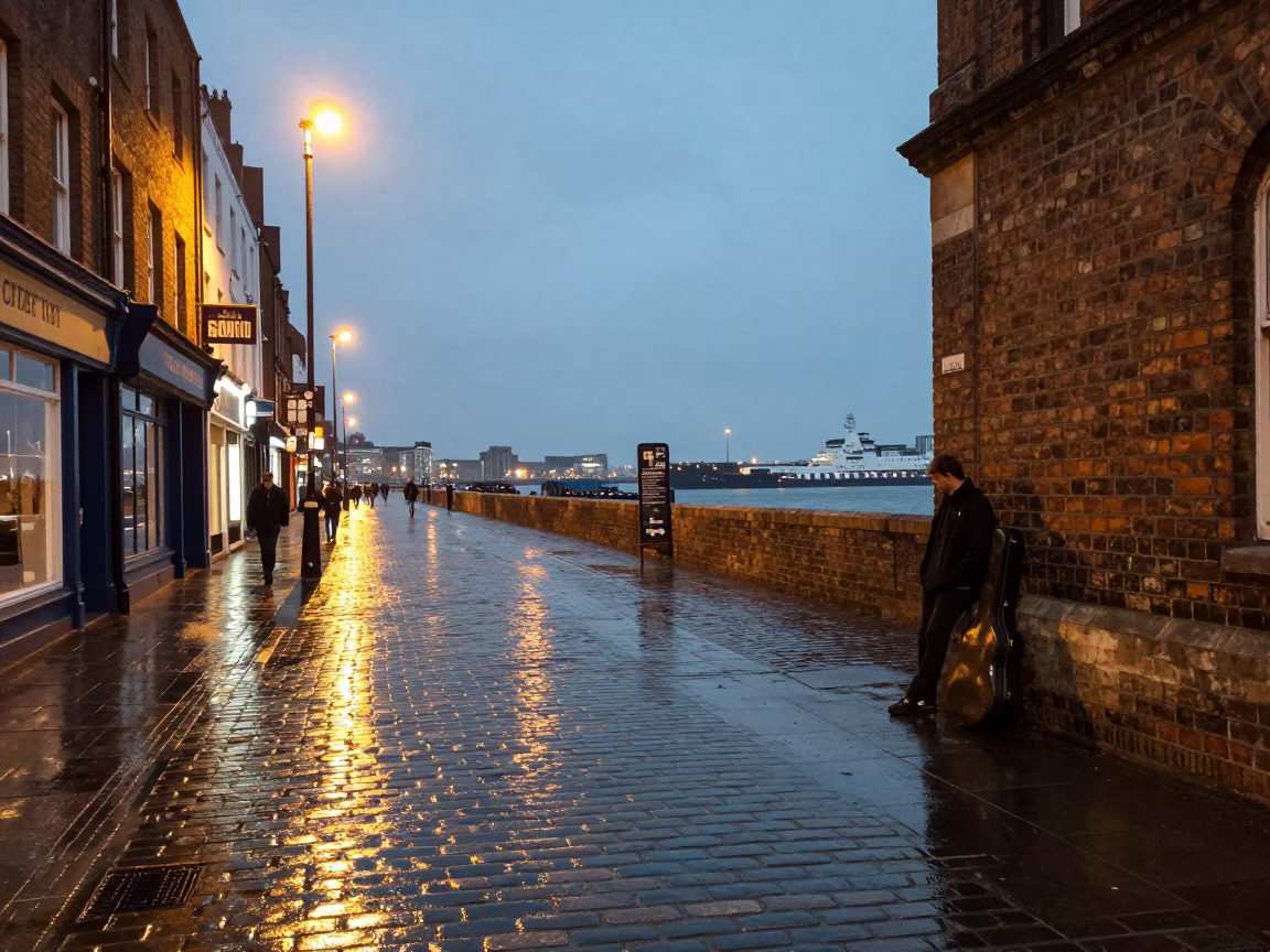 Liverpool Early Evening Street Scene with Guitar Case and Wet Pavement Reflections in in Liverpool, United Kingdom
