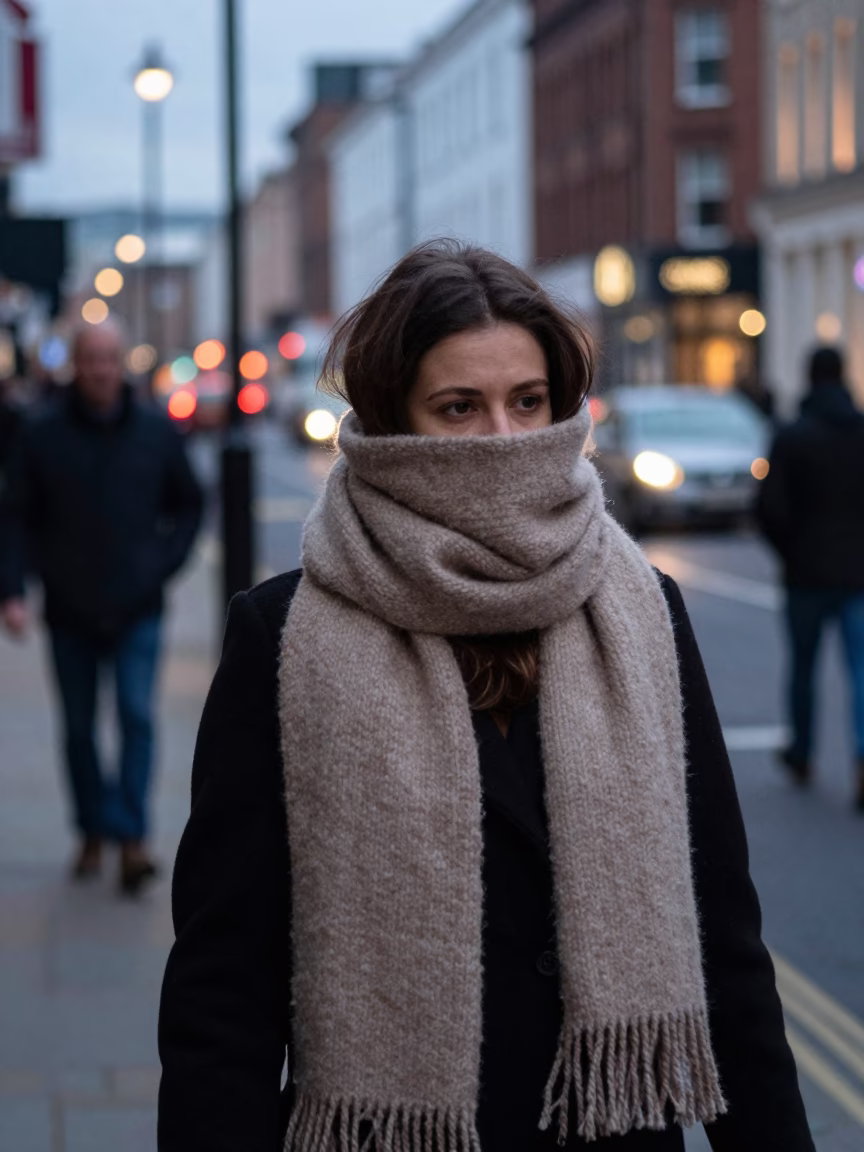 Liverpool Early Evening Street Scene with Woman in Scarf and Biscuit Tin in in Liverpool, United Kingdom