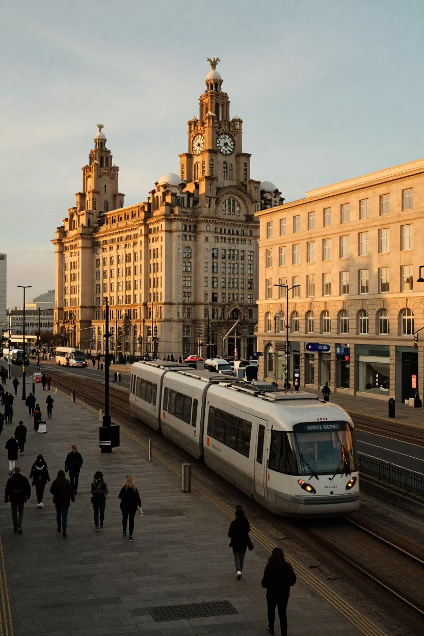 Liverpool England Golden Hour Street Scene with Vintage Monorail and Local Pedestrians in in Liverpool, United Kingdom