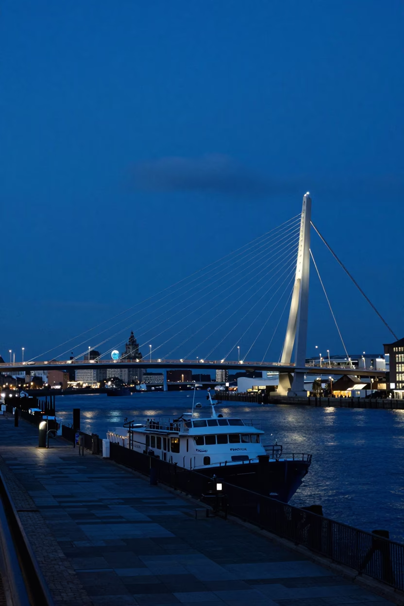 Liverpool Evening Harbor Scene with Cable-Stayed Bridge Illumination Against Dark Water in in Liverpool, United Kingdom