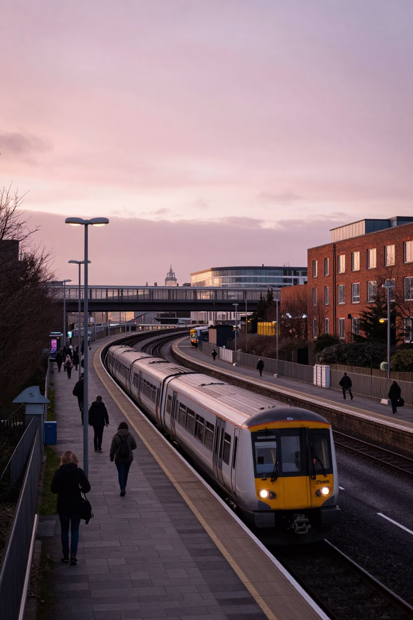 Liverpool Evening Highway Flyover and Commuter Train Platform Scene in in Liverpool, United Kingdom