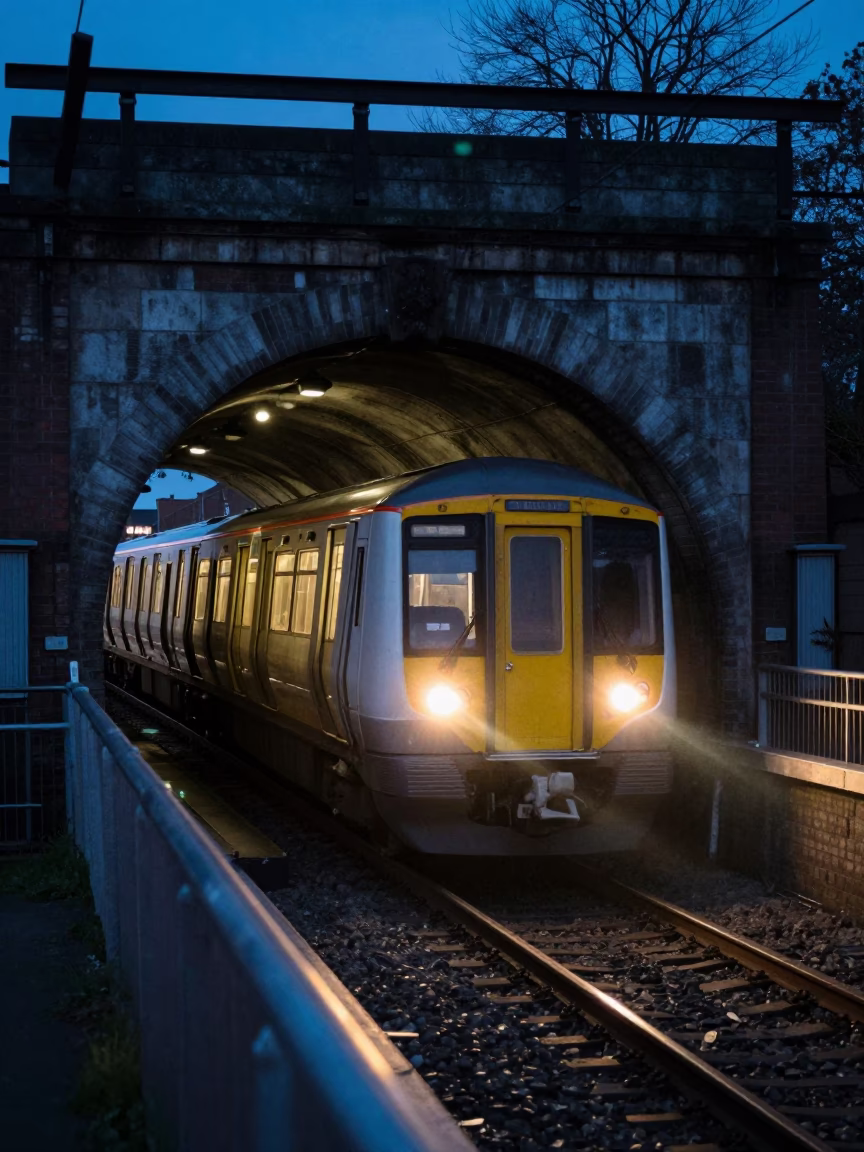Liverpool Evening Metro Train Emerging from Tunnel Under Flyover Shadows in in Liverpool, United Kingdom