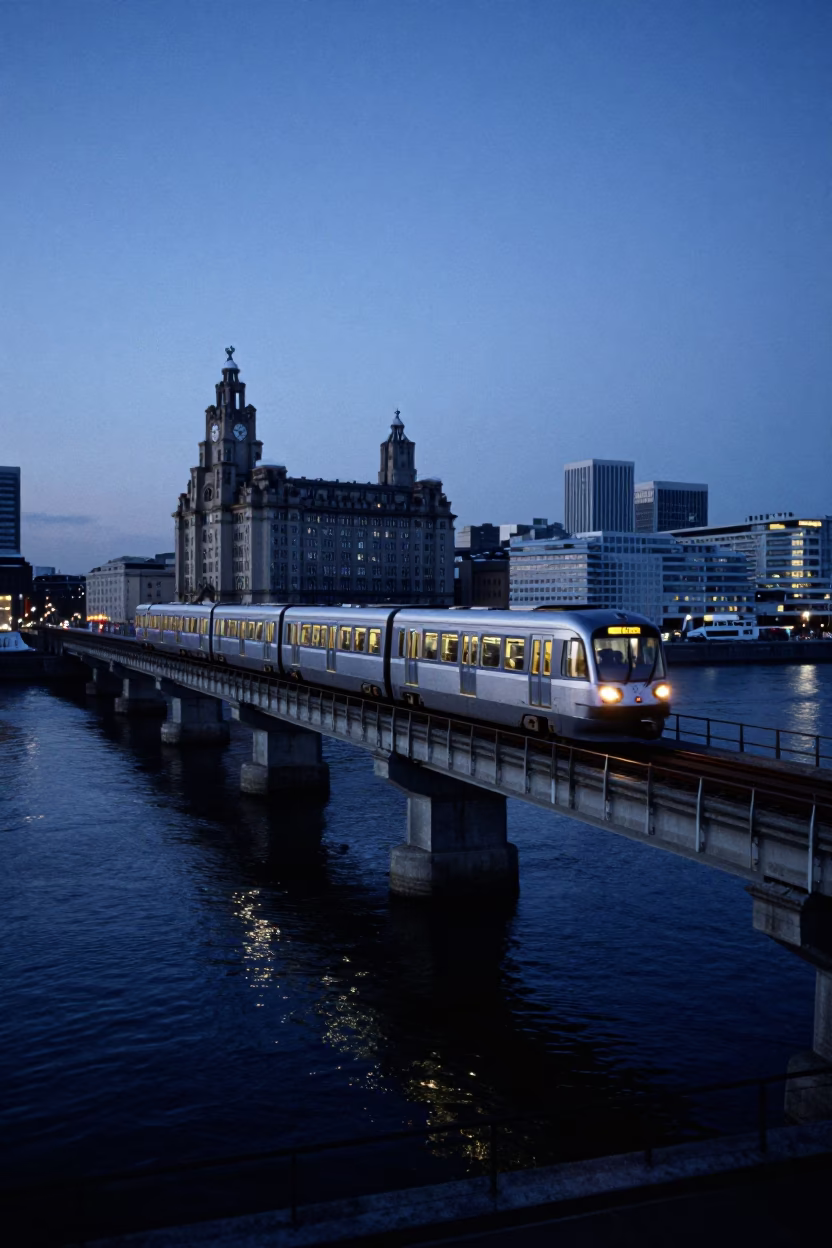 Liverpool Evening Monorail Sweeping Above River Mersey at Blue Hour in in Liverpool, United Kingdom