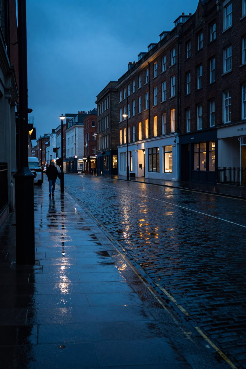 Liverpool Evening Street Reflection in Wet Pavement Under Dimming Blue Light in in Liverpool, United Kingdom