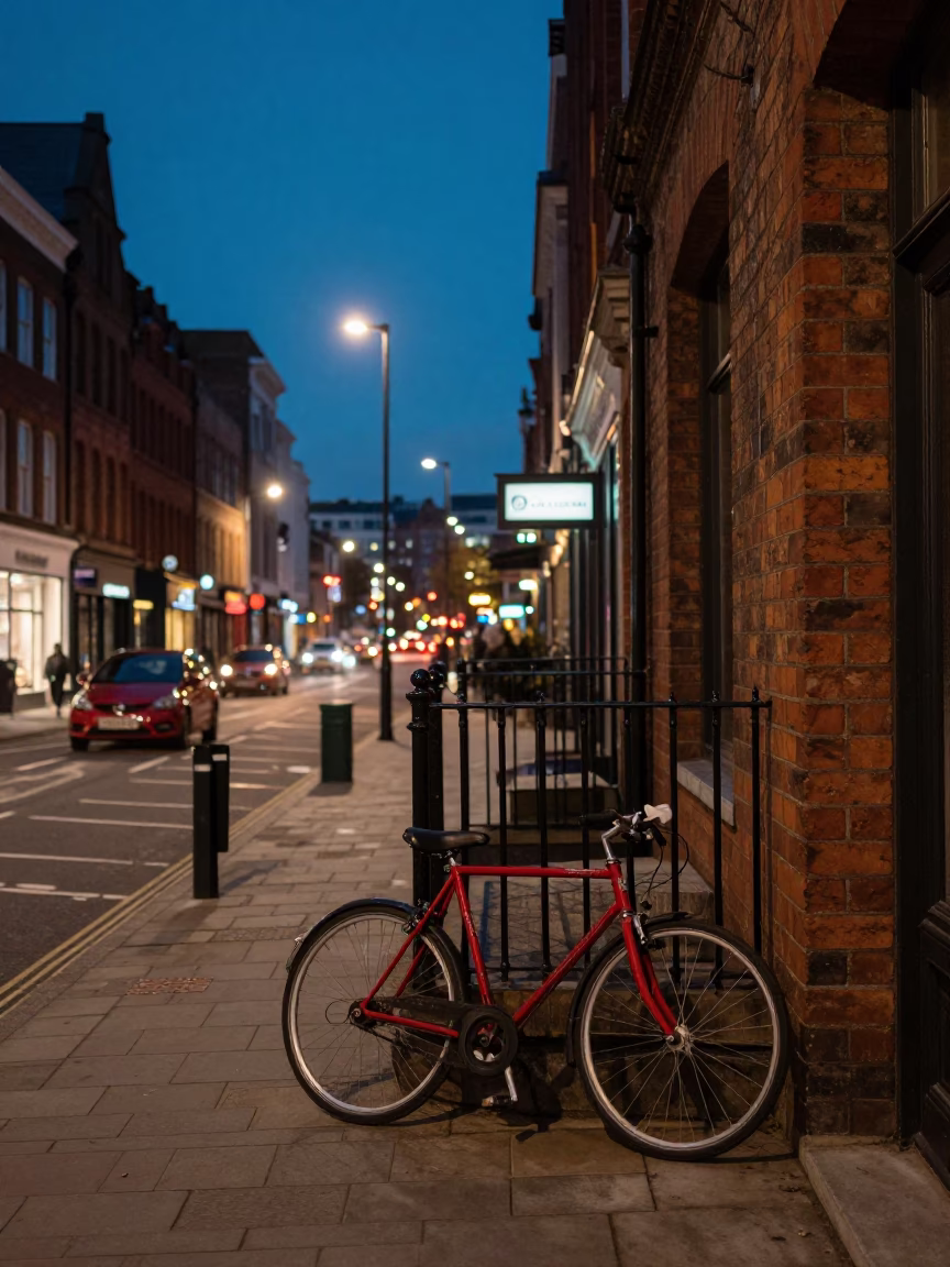 Liverpool Evening Street Scene with Bicycle and Stair Rail at Dusk in in Liverpool, United Kingdom