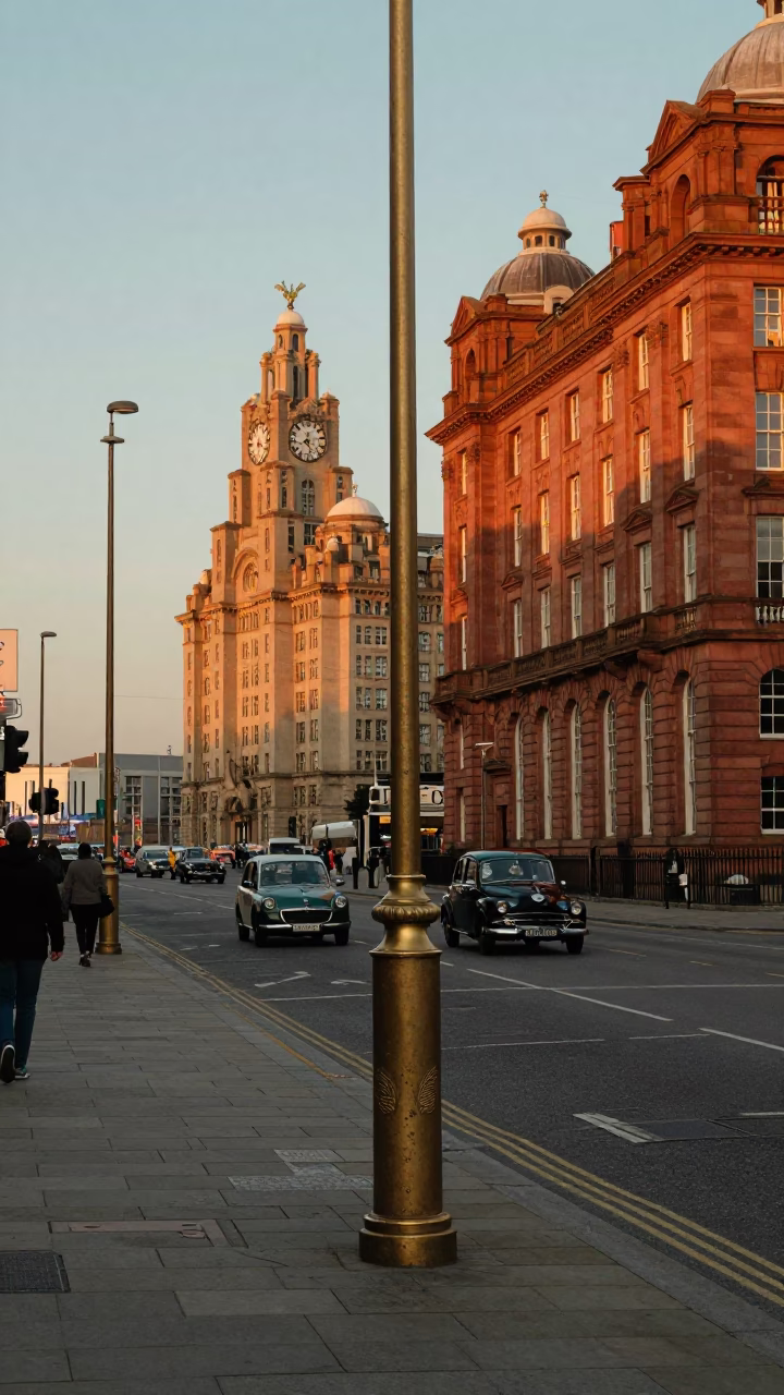 Liverpool Evening Street Scene with Brass Details and Urban Life in in Liverpool, United Kingdom