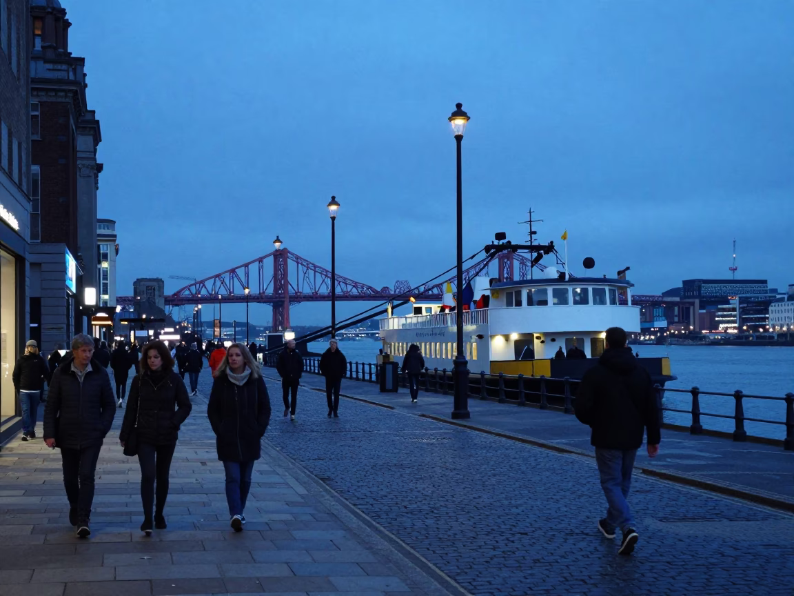 Liverpool Evening Street Scene with Chain Ferry and Urban Details in in Liverpool, United Kingdom