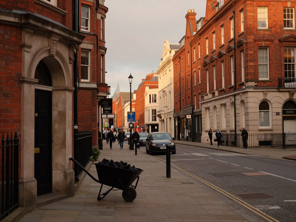 Liverpool Evening Street Scene with Coal Scuttle and Work Stool in Honeyed Light in in Liverpool, United Kingdom