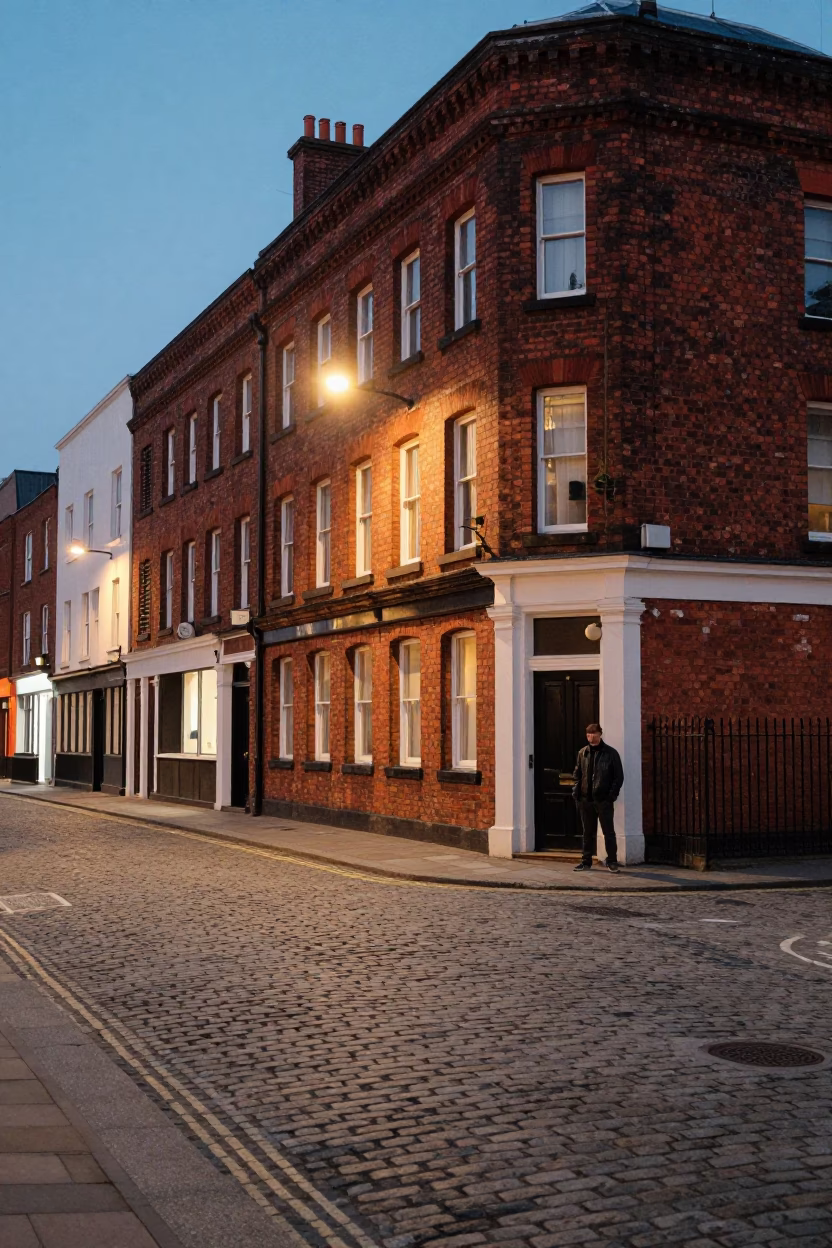 Liverpool Evening Street Scene with Cobblestones and Brick Buildings in in Liverpool, United Kingdom