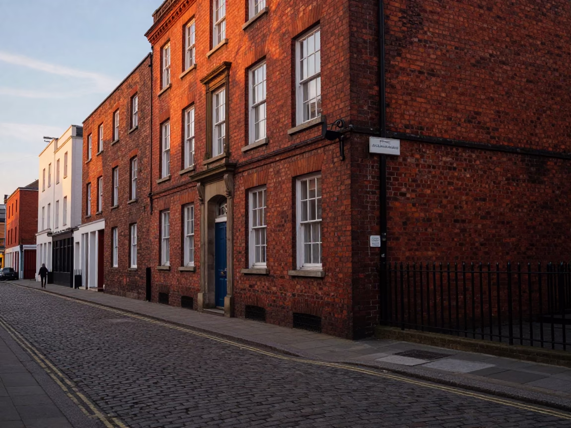 Liverpool Evening Street Scene with Cobblestones and Historic Brick Buildings in in Liverpool, United Kingdom