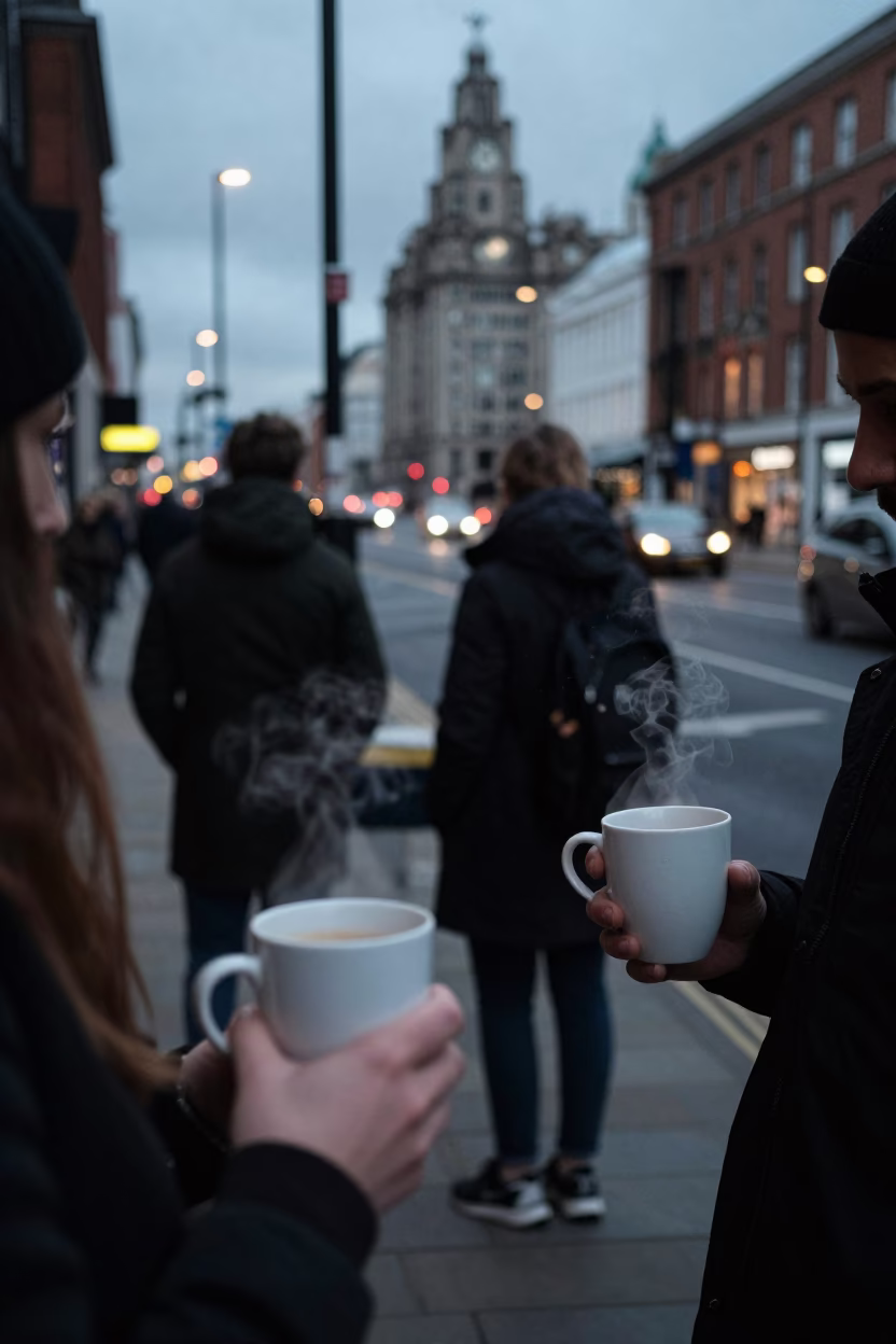 Liverpool Evening Street Scene with Coffee Mugs and City Lights in in Liverpool, United Kingdom