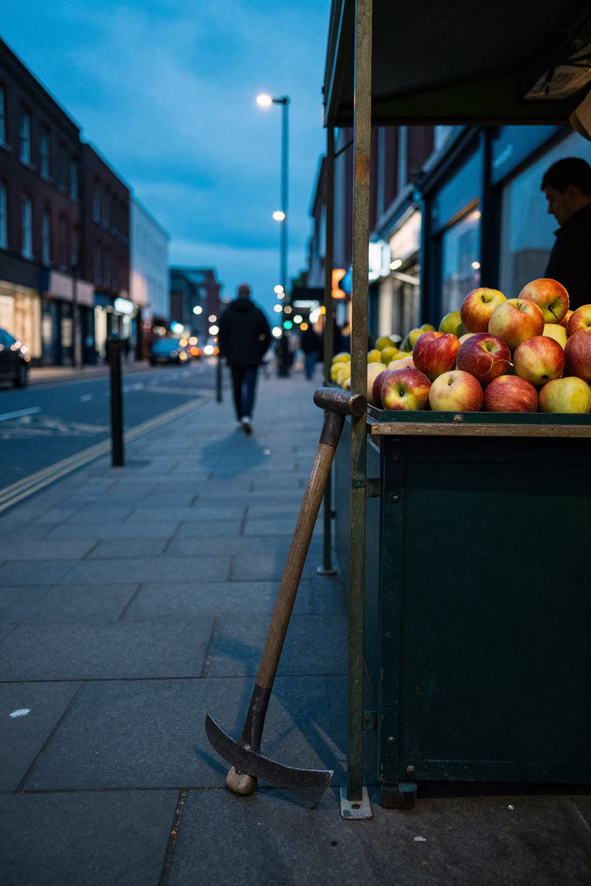 Liverpool Evening Street Scene with Crowbar and Apples in Dusk Light in in Liverpool, United Kingdom