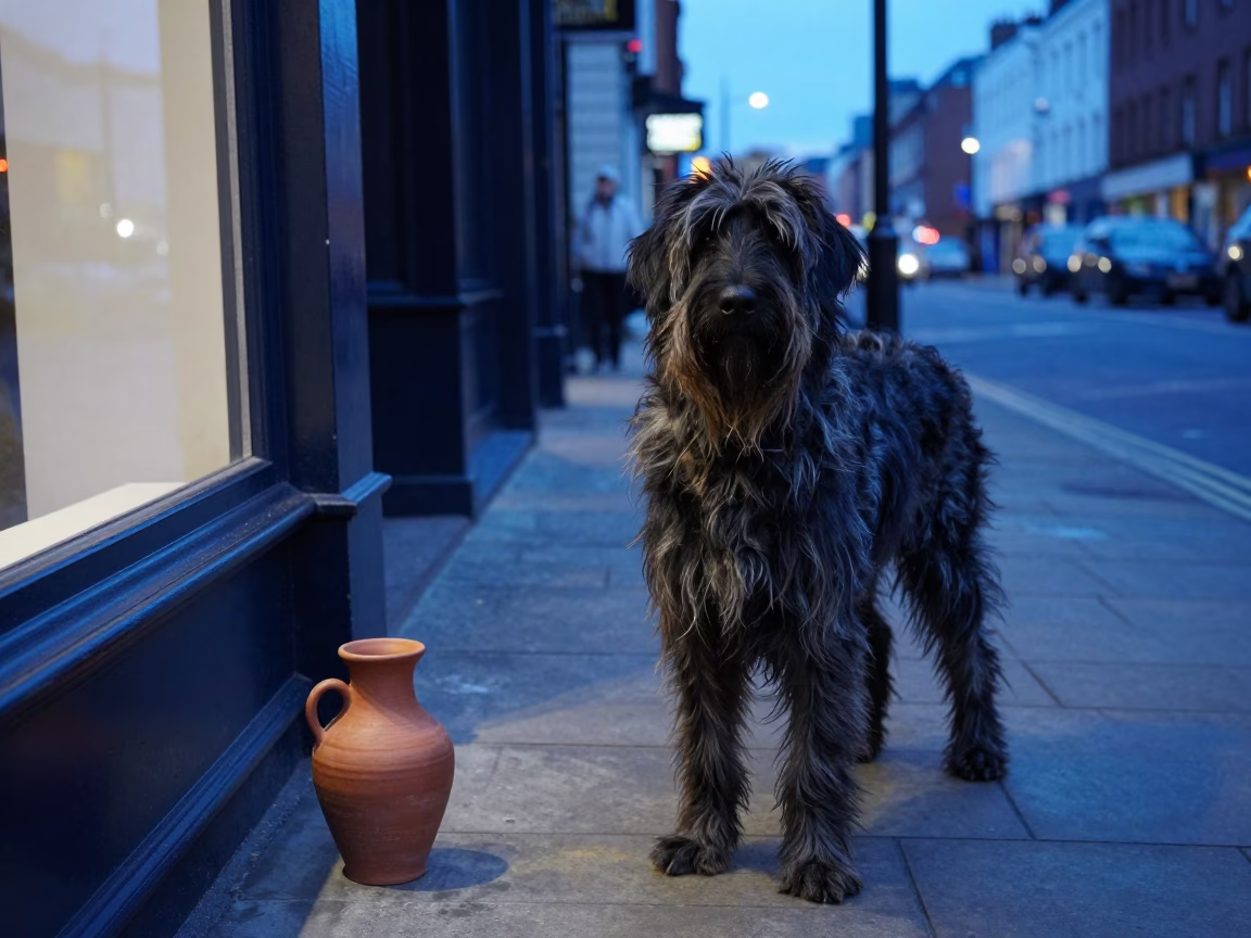 Liverpool Evening Street Scene with Dog and Terracotta Jug in Blue Light in in Liverpool, United Kingdom