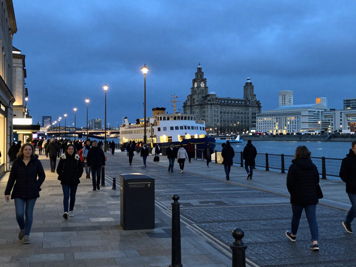 Liverpool Evening Street Scene with Ferry and Urban Life in in Liverpool, United Kingdom
