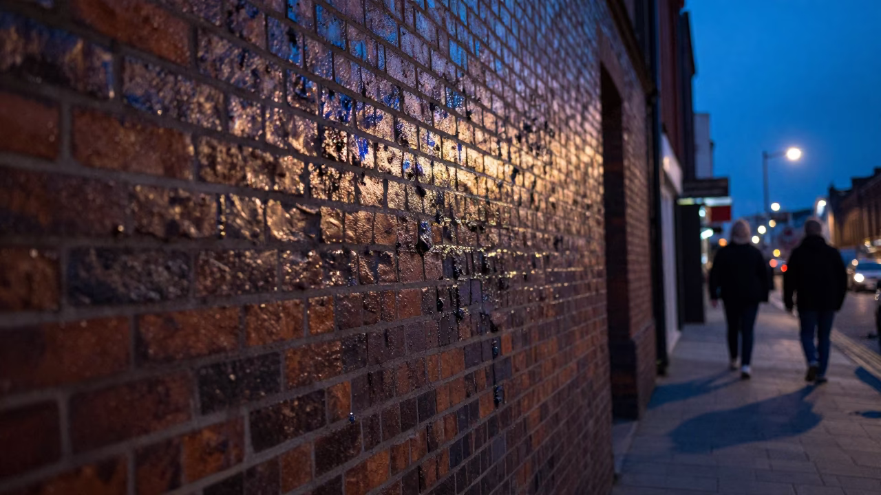 Liverpool Evening Street Scene with Grease Sheen on Brick Wall and Dusk Lighting in in Liverpool, United Kingdom